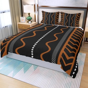 3 Piece Printed African Bogolan Mud Cloth Inspired Duvet Cover and Pillow Cases - Not Mud Cloth Material