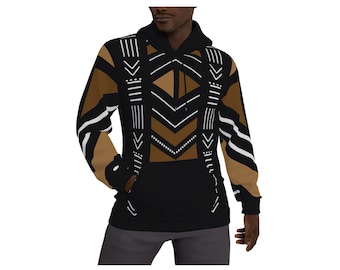 Men's Printed African Bogolan Style Pull Over Hoodie with Inner Fleece Layer - Not Mud Cloth Material