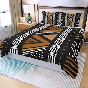 3 Piece Printed African Bogolan Mud Cloth Inspired Duvet Cover and Pillow Cases - Not Mud Cloth Material