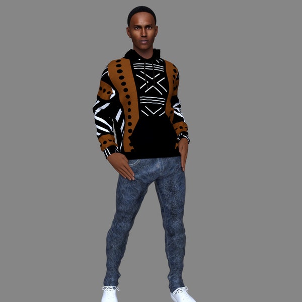 Men's Printed Stylish African Mud Cloth Inspired Pull Over Hoodie with Inner Fleece Layer - Not Mud Cloth Material