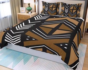 3 Piece Printed African Bogolan Mud Cloth Inspired Duvet Cover and Pillow Cases - Not Mud Cloth Material