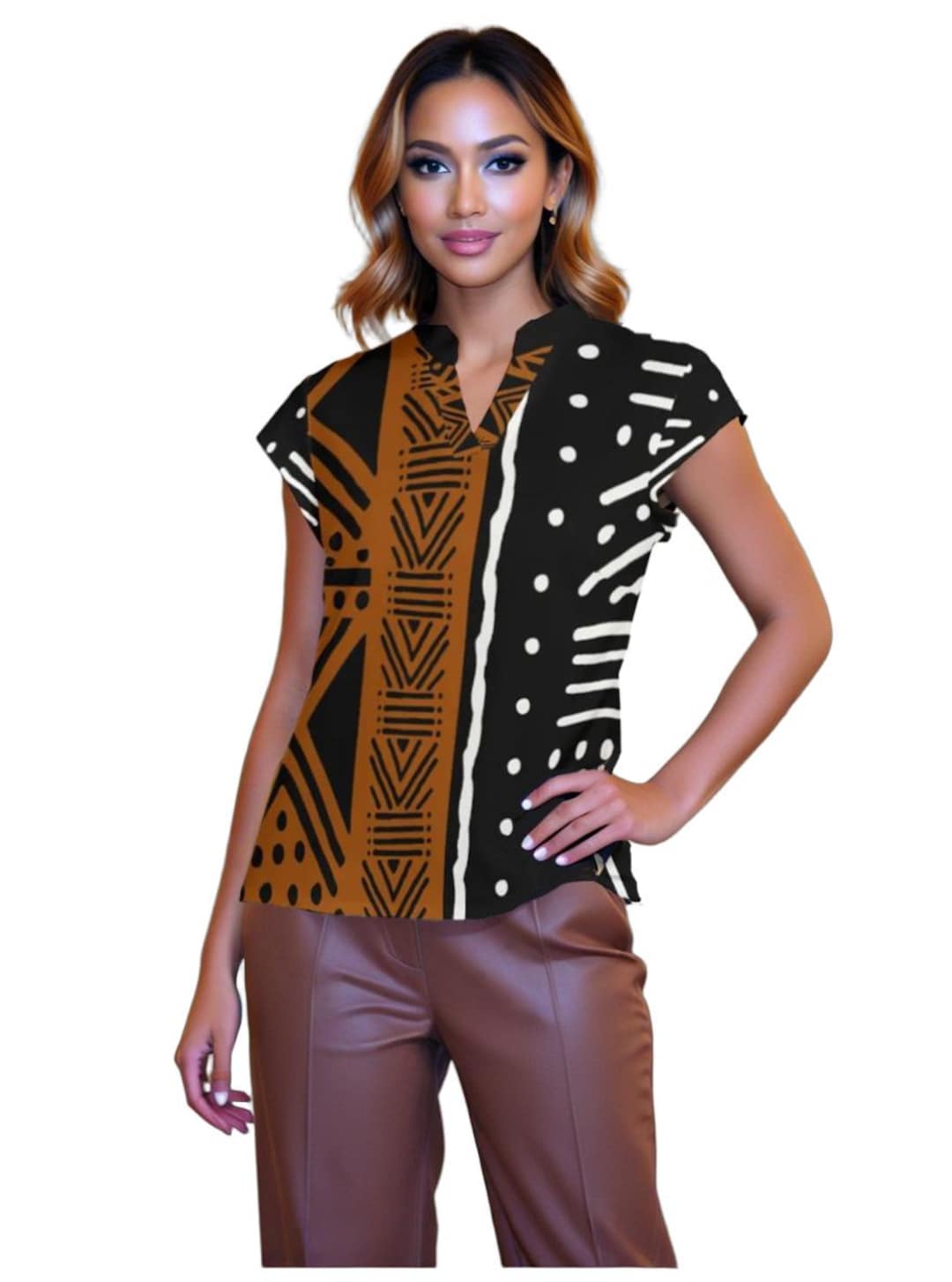 Printed Mud Cloth Inspired Design Short Sleeve Blouse - Not Actual Mud ...