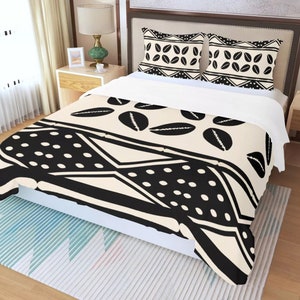 3 Piece Printed Off White African Bogolan Mud Cloth Inspired Duvet Cover and Pillow Cases - Not Mud Cloth Material