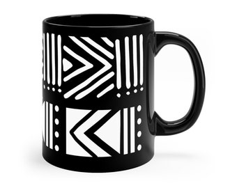 African Bogolan Black and White 11oz Black Mug