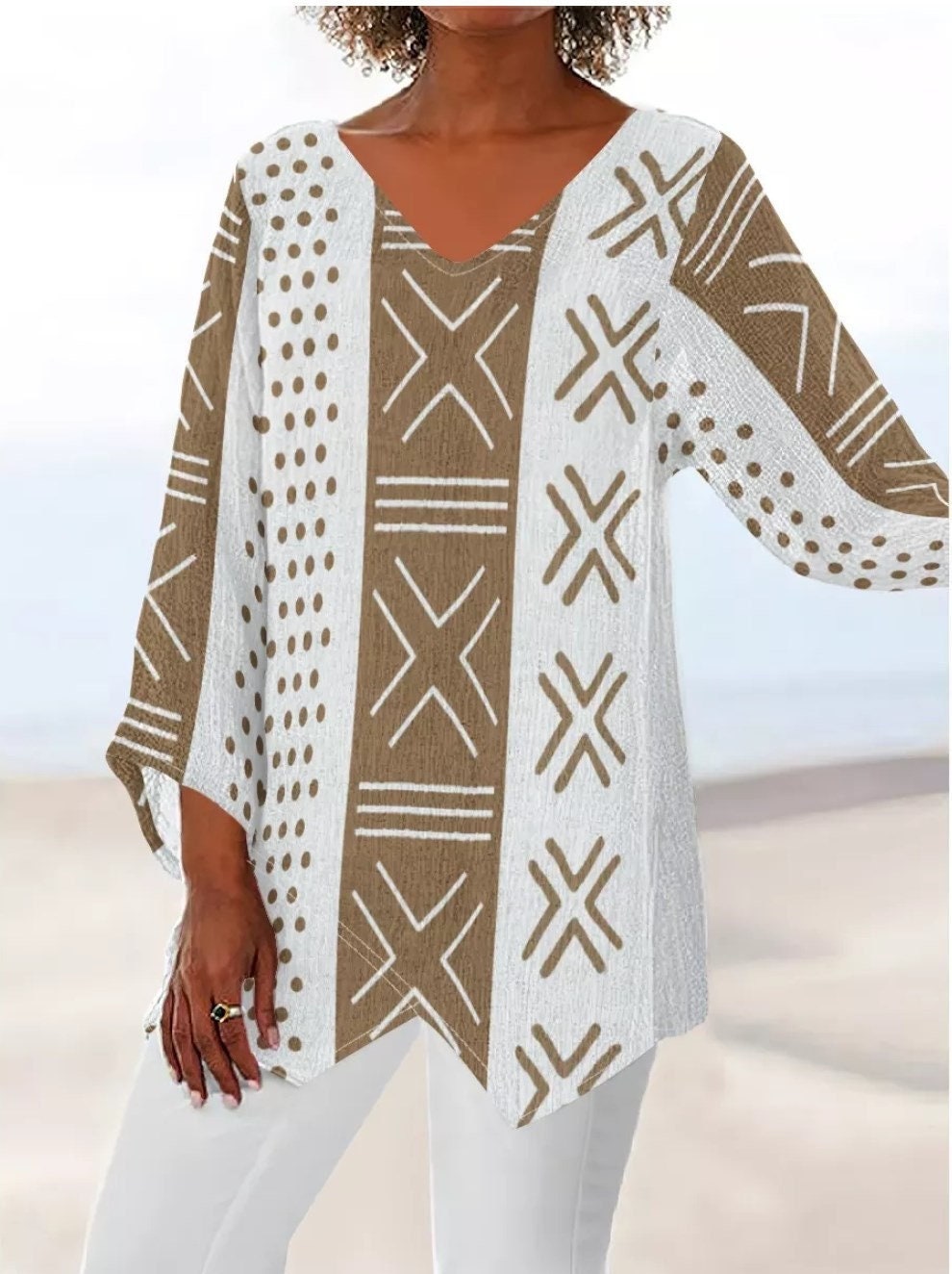 African Printed White Bogolan Mud Cloth Design Thin Women's V-neck T ...