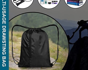 Drawstring Bag Waterproof Sports Gym Shoe Bags with 3 Pockets PE Swim Dance Sack Backpack Mobile Pocket Black Gift Bag Rucksack Plain Black