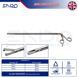 May include: A silver claw grasper surgical instrument with a long shaft and a handle with a scissor-like opening. The instrument is available in different sizes with shaft lengths of 20 cm, 28 cm, 33 cm, and 45 cm. The text "CLAW GRASPER (NON INSULATED SHAFT)" is printed below the image.