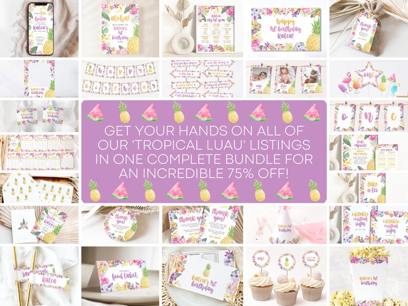 Editable Luau Party Decorations Bundle, Tropical Birthday Bundle, Hawaiian Party Decorations