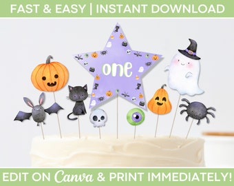 Editable Halloween Cake Topper, Halloween Cake Decorations, Cake Topper Birthday, 1st Birthday Cake Topper, One Cake Topper, Topper Template