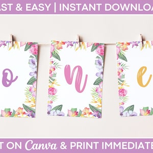 Editable Luau High Chair Banner, One High Chair Banner Girl, Floral High Chair Banner, First Birthday Decorations, Luau Party Decorations