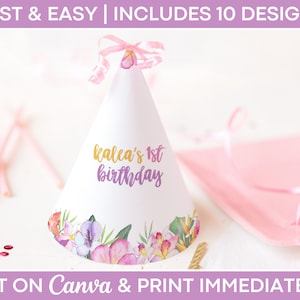 Editable Luau Party Hats, Hawaiian Birthday Party Hat, Party Hat Template, Party Hat Printable, Tropical Party Decor, Luau Party Decorations