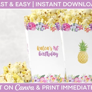 Editable Luau Popcorn Box, Popcorn Box Template, Hawaiian Party Candy Box, Aloha Party Favors, Candy Box Template, 1st Birthday Party Favors