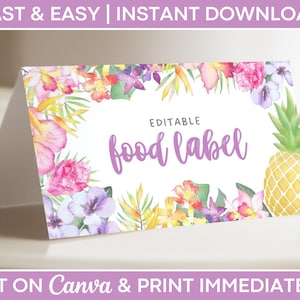 Editable Luau Food Labels, Luau Buffet Labels, Tropical Place Cards, Hawaiian Food Tents, Pineapple Fold Over Labels, Food Label Template