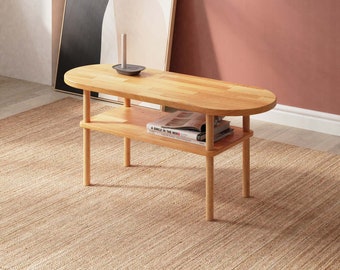 Solid Wood Coffee Table Demontha, Minimalist End Table with 2 Shelves, Beech Wood Side Table, Home & Living