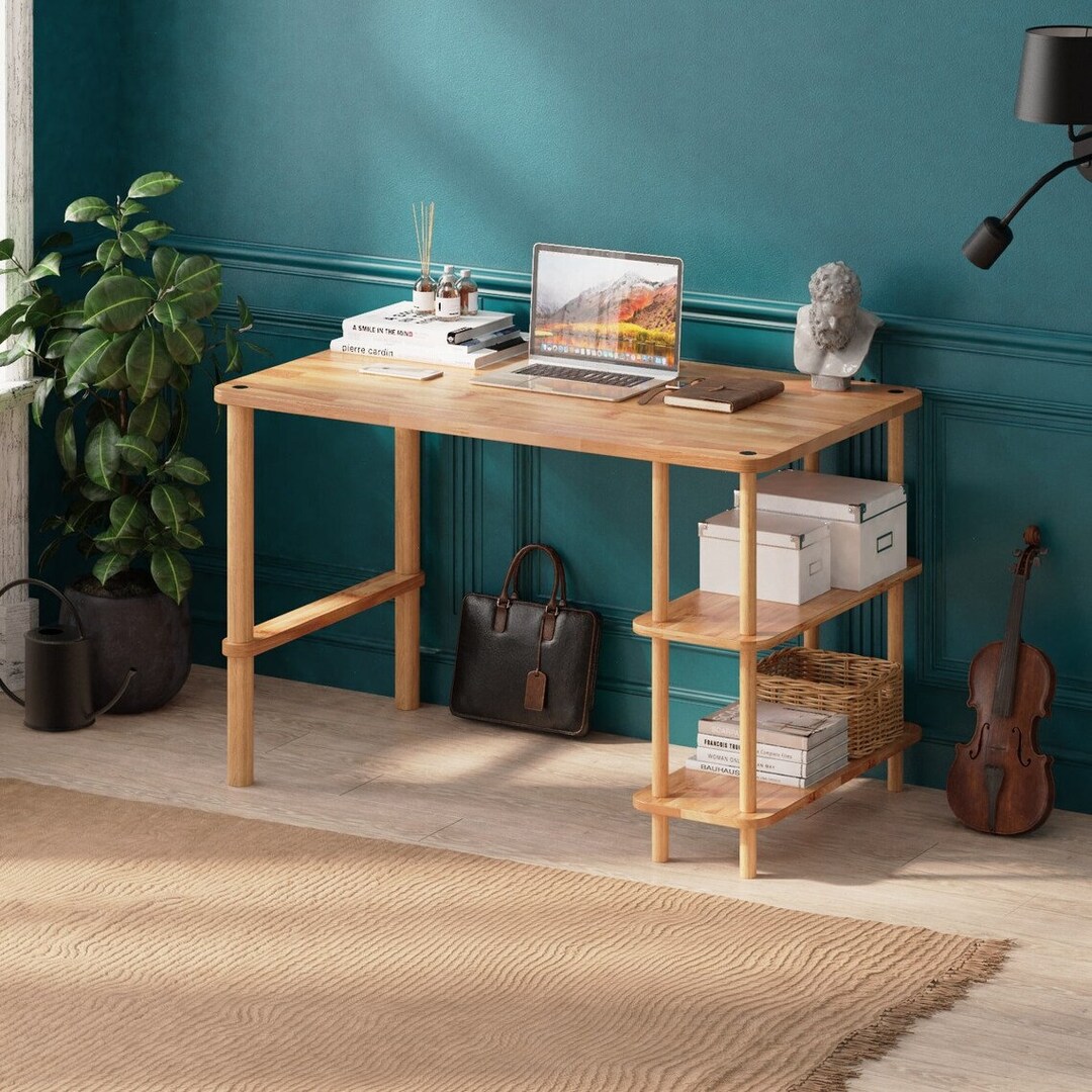 Solid Wood Computer Desk With Shelves Demontha Wooden Study Etsy