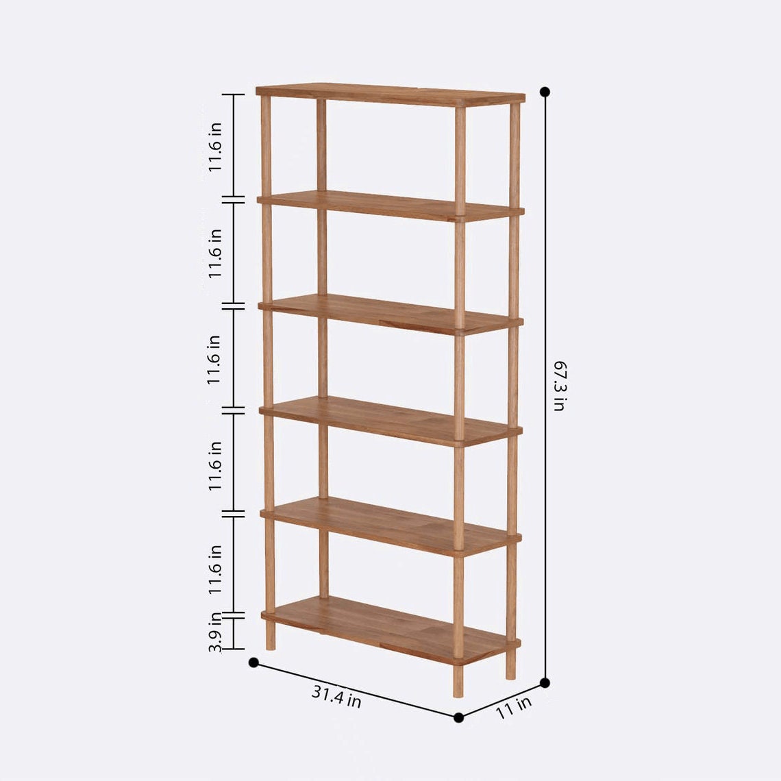 Solid Wood Bookshelf With 6 Shelves Demontha Beech Wood Etsy