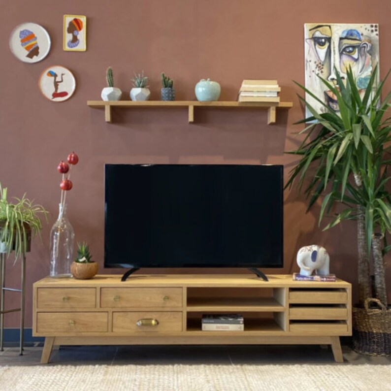 TV Stand With Drawers and Sound Bar Shelf Solid Wood TV Unit Etsy