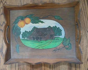 Bandeja vintage de madera primitiva pintada a mano con asas