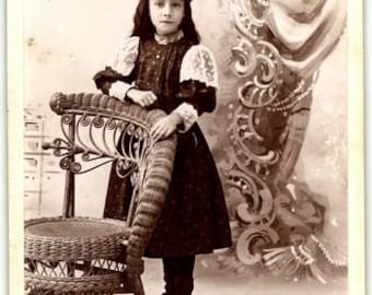 Circa 1890s Cabinet Card | Hunt African American Little Girl with Lace Sleeves in Wicker Chair | Gas City Indiana Studio Portrait