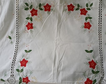 Mantel vintage de lino blanco bordado / Decoración de mesa retro de los años 60 y 70 / Ropa de mesa estilo casa de campo