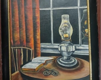 Signed Amateur Oil on Board Portrait Painting, Dark Academia Wall Art, Bible Religious, Old Aesthetic, Victorian Gothic Library Decor