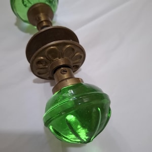 Vintage Green Cut Glass Doorknob, Antique Clear Glass Handle with Brass Hardware, Architectural Salvage, Victorian Home Decor Restoration