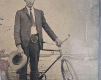 Tintype Identifizierte Schöner Afroamerikanischer Mann, Fahrrad Antikes Foto