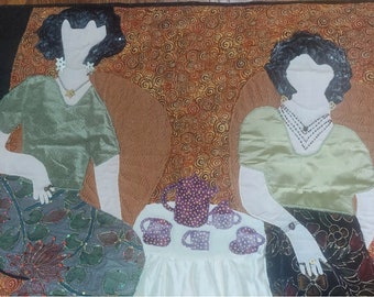 Colcha hecha a mano con escena de té de la tarde de una dama, artesanía original vintage para colgar en la pared