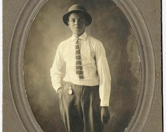 Vintage 1910s London England Cabinet Photo, Sharp African American Boy with Pocket Watch, Plumstead Leigh St Portrait