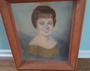 Retrato original de época de una bella dama, enmarcado, al pastel, 23" x 21", firmado por el artista.