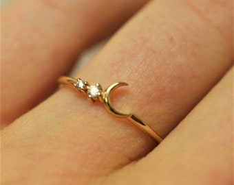 Handmade 10K Gold Crescent Moon Moissanite Ring: Dainty Stacking Ring