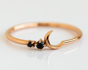 Handmade 10K Gold Crescent Moon Ring: Black Spinel Stacking Ring