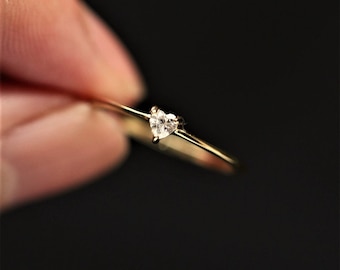 Tiny Heart Cut Shape Inset Moissanite 10K Solid Gold Plain Thin Ring Handmade Dainty Stacking Minimal Boho Ring Studded Gemstone Women Ring