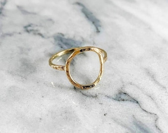 Hammered Karma 10K Solid Gold Ring Handmade Open Circle Holy Geometric Stacking Ring Dainty Textured Minimalist Statement Gold knuckle Ring