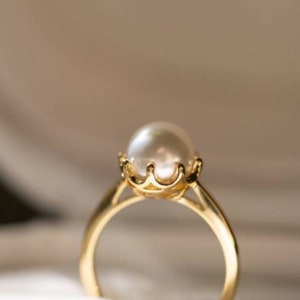 Pearl 10K Solid Gold Thin Ring Round Pearl Studded June Birthstone Minimalist Handmade Statement Ring Women Precious Gemstone Bridal Ring