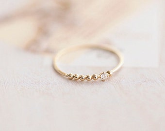 10K Solid Gold Tiny Diamond Half Beaded Dainty Ring Dottie Gold Wedding Band Ring Handmade Stack Minimal Dotted Plain Band Hippie Ring