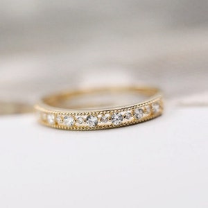 10K Solid Gold Elegant Studded Thin Band Dainty Ring Inset Moissanite Ring Handmade Stacking Statement Ring Gemstone Eternity Women Ring