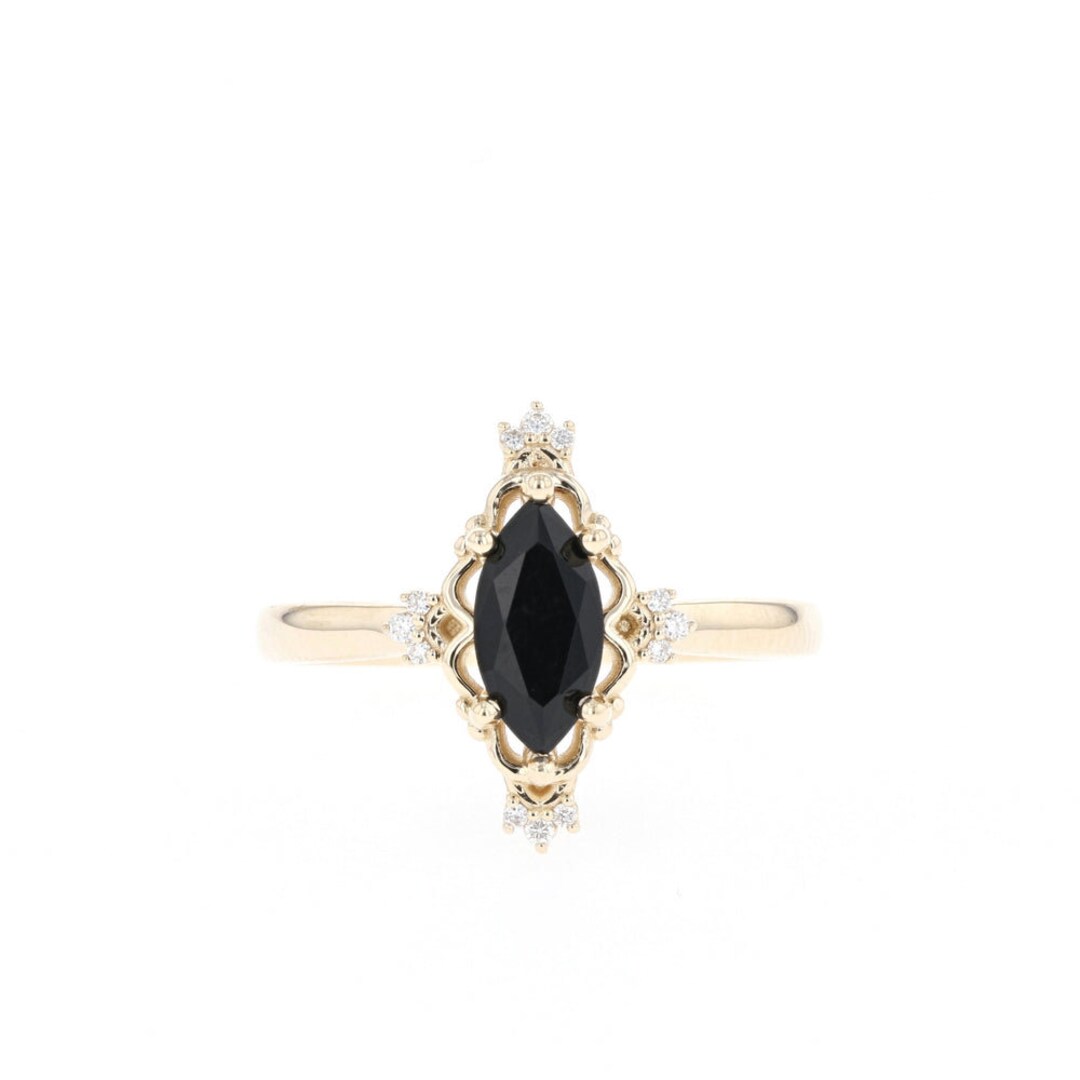 Elegant Dainty 10K Solid Gold Thin Band Ring Inset Marquise Cut Black