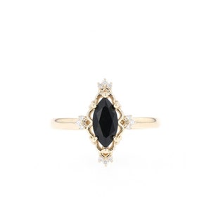 Handmade 10K Gold Marquise Black Spinel Ring: Dainty Stacking Ring