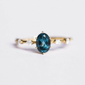 Studded November Birthstone Thin Dainty 10K Solid Gold Ring Inset Oval Cut London Blue Topaz Ring Handmade Stacking Minimal Gemstone Ring