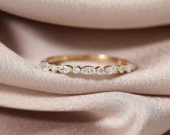 Eternity Studded Elegant Thin Band Dainty 10K Solid Gold Ring Inset Marquise Moissanite Ring Handmade Stacking Statement Gemstone Women Ring