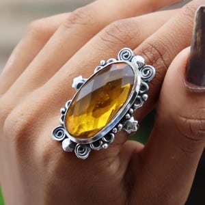 Oval Citrine Ring: Sterling Silver, Baguette Bohemian Jewelry