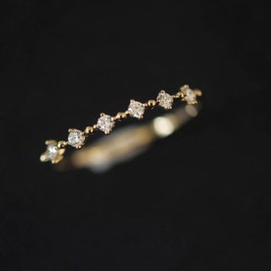 Elegant Stackable Thin Band Dainty 10K Solid Gold Ring Inset Moissanite bead Plain Ring Handmade Stacking Minimal Ring Gemstone Women Ring
