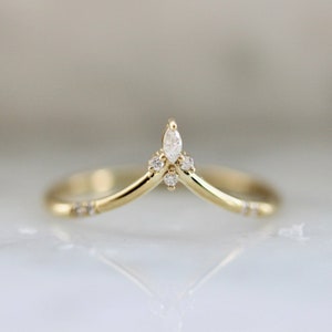 10K Solid Gold Vintage Stacking Studded Marquise Cut Moissanite Curved ring Chevron Handmade Thin ring Matching Bridal Promise gift