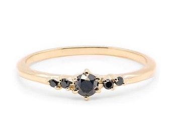 10K Solid Gold Elegant Thin Band Round Cut  Black Spinel Dainty Ring Inset Black Stone Boho Ring Handmade Stacking Statement Midi Ring