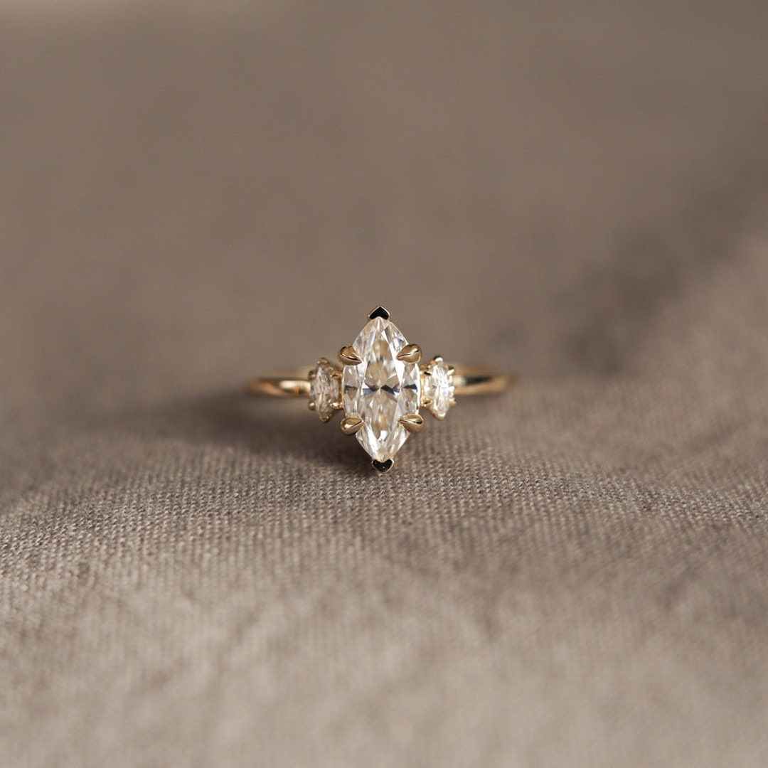 10K Gold Marquise Crystal Ring: Handmade Dainty Stacking Band
