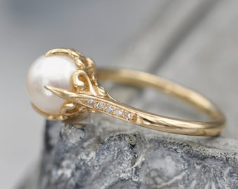 Art Deco 10K Solid Gold Thin Ring ,Vintage Pearl and Moissanite Ring ,June Birthstone Handmade Solitaire Statement Women Ring , Bridal Ring