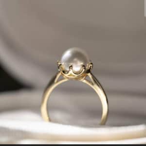 Pearl 10K Solid Gold Thin Ring Round Pearl Studded June Birthstone Minimalist Handmade Statement Ring Women Precious Gemstone Bridal Ring