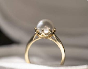 Pearl 10K Solid Gold Thin Ring Round Pearl Studded June Birthstone Minimalist Handmade Statement Ring Women Precious Gemstone Bridal Ring