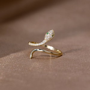 Moissanite Snake Ring - 10K Solid Gold - Emerald and Moissanite  - Gold Snake Ring - Serpent Ring - Unique Snake Ring - Dainty Gold Ring